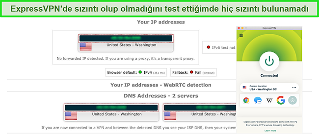 ABD'de bir sunucuya bağlıyken ExpressVPN'in IP, WebRTC ve DNS sızıntı testini başarıyla ge&ccedil;mesi ekran g&ouml;r&uuml;nt&uuml;s&uuml;