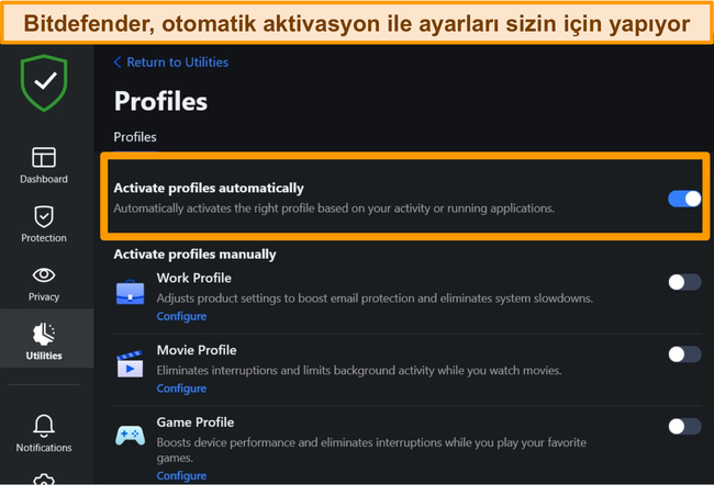 Otomatik etkinleştirme vurgulanmış olarak Bitdefender'ın Profiller ayarının ekran g&ouml;r&uuml;nt&uuml;s&uuml;.