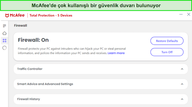 McAfee'nin sezgisel g&uuml;venlik duvarı aray&uuml;z&uuml;n&uuml;n ekran g&ouml;r&uuml;nt&uuml;s&uuml;