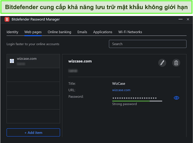 Ảnh chụp m&agrave;n h&igrave;nh tr&igrave;nh quản l&yacute; mật khẩu của Bitdefender.