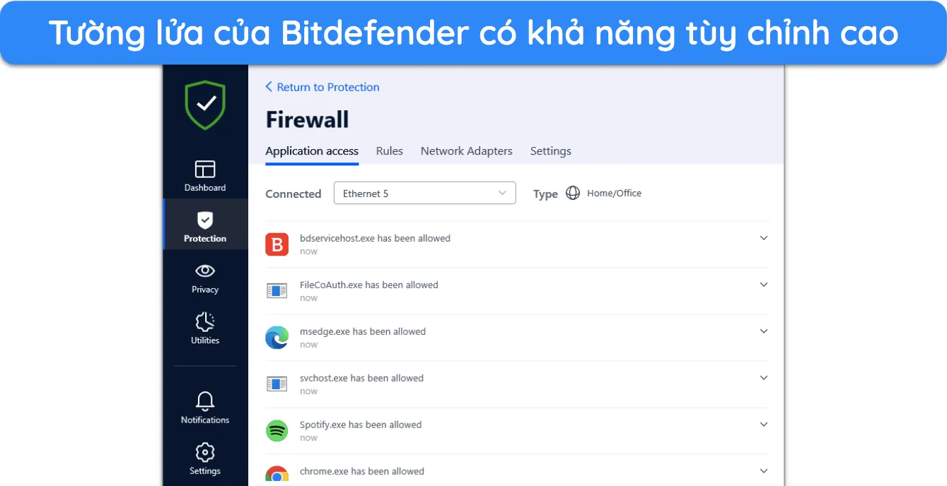 Bạn c&oacute; thể t&ugrave;y chỉnh c&agrave;i đặt tường lửa của Bitdefender theo &yacute; th&iacute;ch của m&igrave;nh.