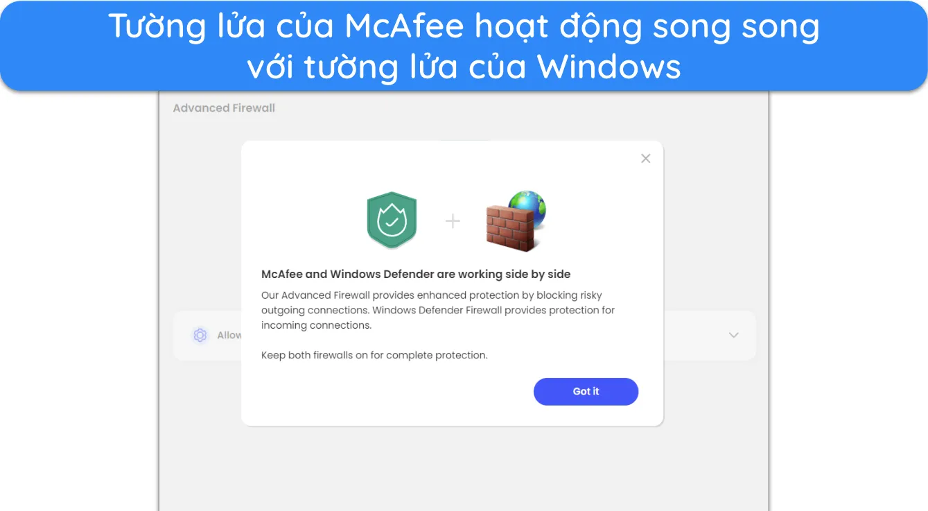 Ảnh chụp m&agrave;n h&igrave;nh hiển thị tường lửa của McAfee hoạt động với tường lửa của Windows.