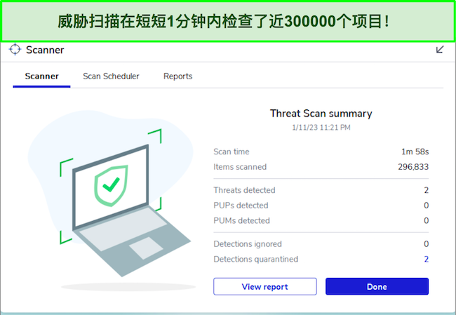 Malwarebytes 评论重点介绍了威胁扫描功能界面。