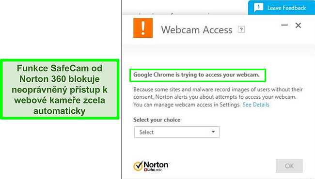 Screenshot z aplikace Norton blokuj&iacute;c&iacute; pokus prohl&iacute;žeče Google Chrome o př&iacute;stup k webov&eacute; kameře.