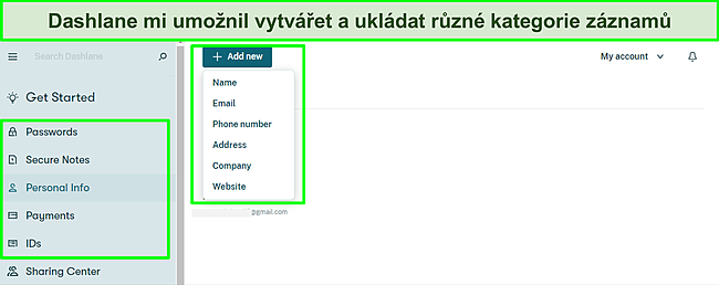 Sn&iacute;mek obrazovky přid&aacute;v&aacute;n&iacute; osobn&iacute;ch z&aacute;znamů do m&eacute;ho trezoru Dashlane.