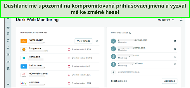 Sn&iacute;mek obrazovky tmav&eacute;ho webov&eacute;ho monitoru Dashlane.