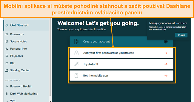 Sn&iacute;mek obrazovky vstupn&iacute; str&aacute;nky Dashlane.