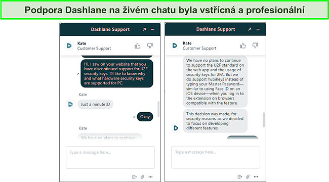Sn&iacute;mek obrazovky podpory živ&eacute;ho chatu Dashlane.