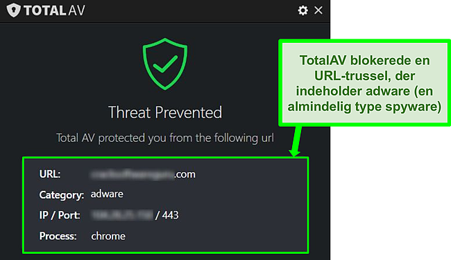 Sk&aelig;rmbillede, der viser TotalAV, der blokerer en ondsindet URL-hosting adware.