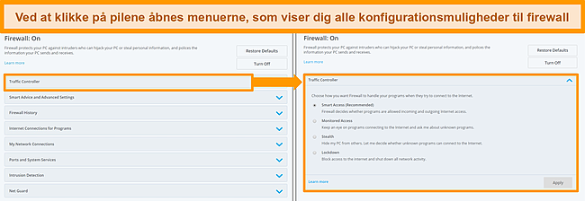 Sk&aelig;rmbillede af McAfees firewallindstillinger.