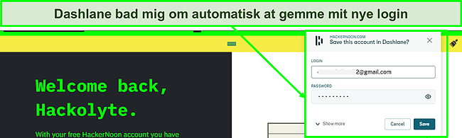 Sk&aelig;rmbillede af Dashlane-funktionen til automatisk lagring i brug.