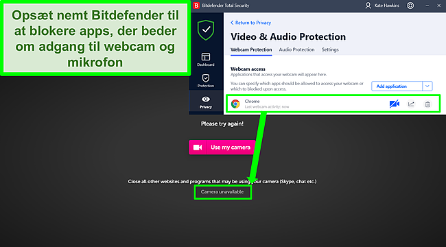 Sk&aelig;rmbillede af Bitdefender, der blokerer for webcamadgang til et websted.
