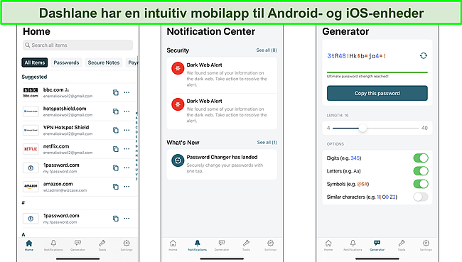 Sk&aelig;rmbillede af Dashlane mobilapp-gr&aelig;nseflade.