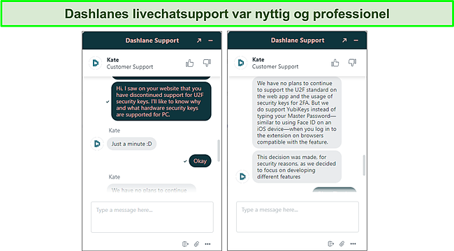 Sk&aelig;rmbillede af Dashlane live chat support.