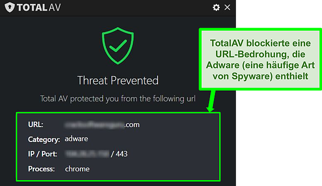 Screenshot zeigt, wie TotalAV eine sch&auml;dliche URL blockiert, die Adware hostet.