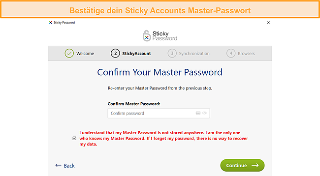 Best&auml;tigen des StickyAccount-Master-Passworts.