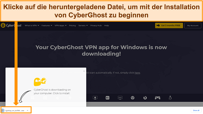 Screenshot der CyberGhost-App, die auf ein Windows-Ger&auml;t heruntergeladen wird.