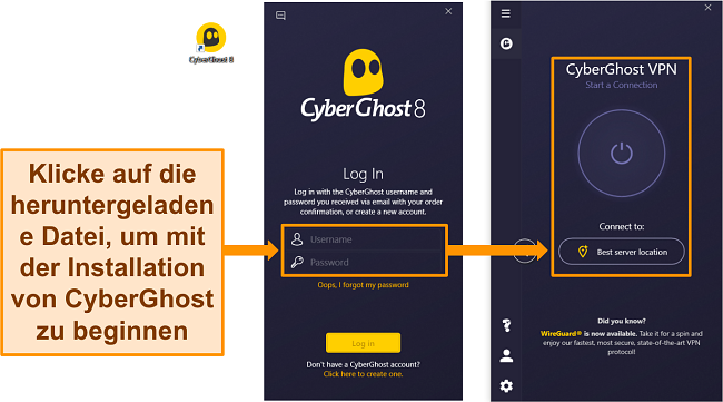 Screenshot der Windows-App von CyberGhost mit hervorgehobenem Abschnitt f&uuml;r Benutzername und Passwort.