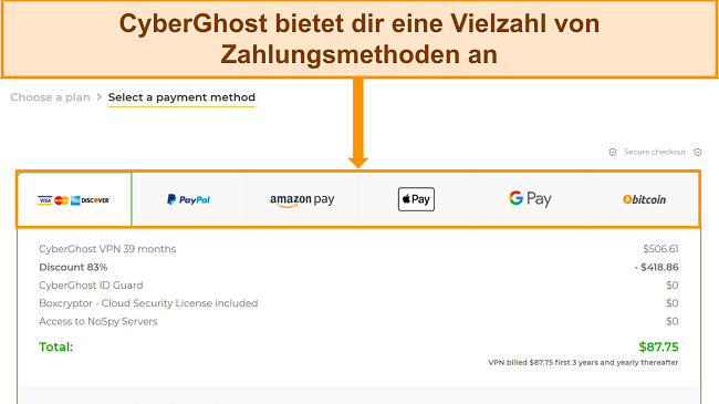 Holen Sie sich die kostenlose Testversion von CyberGhost und w&auml;hlen Sie eine Zahlungsmethode aus