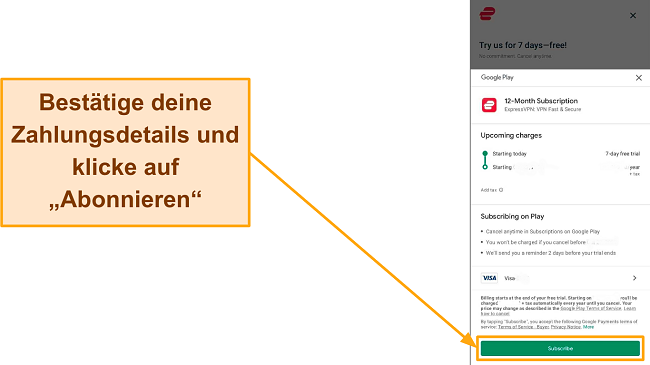 Screenshot der endg&uuml;ltigen Anmeldebest&auml;tigung bei Google Play mit hervorgehobener Schaltfl&auml;che "Abonnieren".