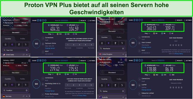 Screenshot von Proton VPN-Geschwindigkeitstests mit Servern in den USA, Gro&szlig;britannien, Deutschland und Australien