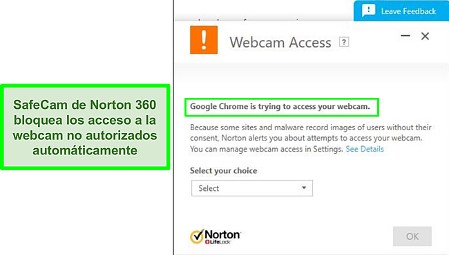 Captura de pantalla de Norton que bloquea el intento de Google Chrome de acceder a la c&aacute;mara web.