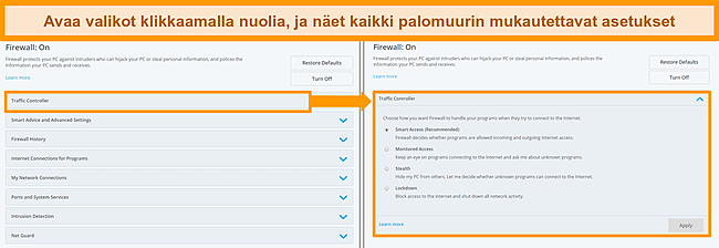 N&auml;ytt&ouml;kuva McAfeen palomuurivaihtoehdoista.