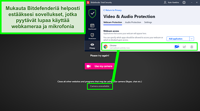 N&auml;ytt&ouml;kuva siit&auml;, kuinka Bitdefender est&auml;&auml; verkkokameran p&auml;&auml;syn verkkosivustolle.