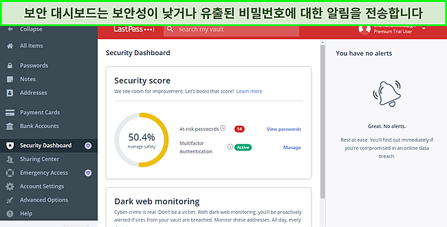LastPass 보안 대시보드의 스크린샷.