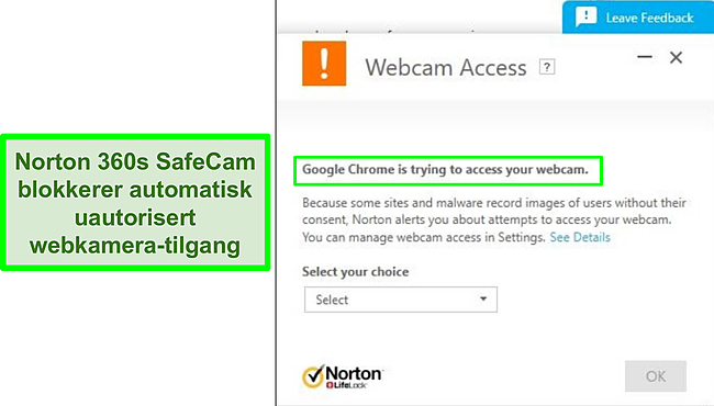 Skjermbilde av Norton som blokkerer Google Chromes fors&oslash;k p&aring; &aring; f&aring; tilgang til webkameraet.