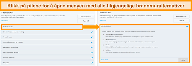 Skjermbilde av McAfees brannmuralternativer.