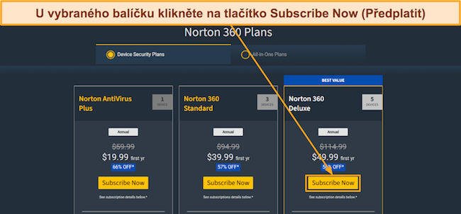 Sn&iacute;mek obrazovky cenov&yacute;ch pl&aacute;nů Nortonu
