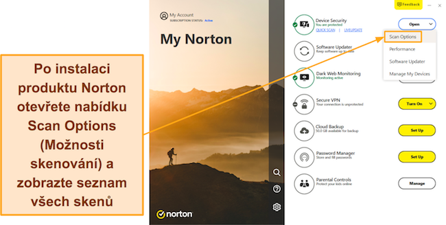 Sn&iacute;mek obrazovky zn&aacute;zorňuj&iacute;c&iacute; př&iacute;stup k nab&iacute;dce Možnosti skenov&aacute;n&iacute; Norton
