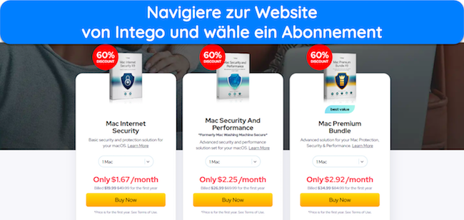 Screenshot, der die verschiedenen Preispl&auml;ne von Intego zeigt