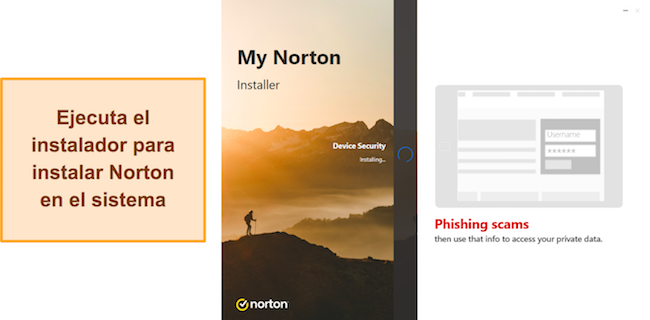 Captura de pantalla que muestra la instalación de Norton en progreso en Windows