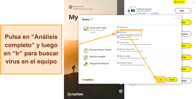 Captura de pantalla que muestra cómo iniciar el análisis completo de Norton