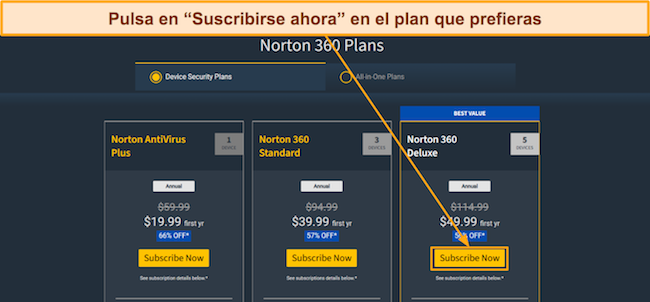 Captura de pantalla de los planes de precios de Norton