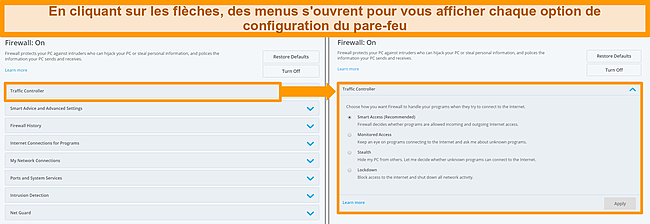 Capture d'&eacute;cran des options de pare-feu de McAfee.