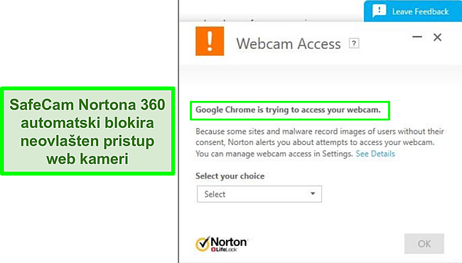 Snimka zaslona Nortona koji blokira poku&scaron;aj Google Chromea da pristupi web kameri.