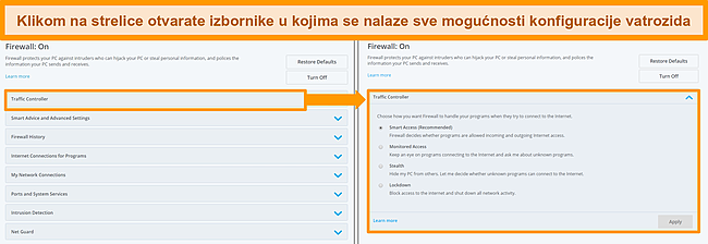 Snimka zaslona opcija vatrozida McAfee.