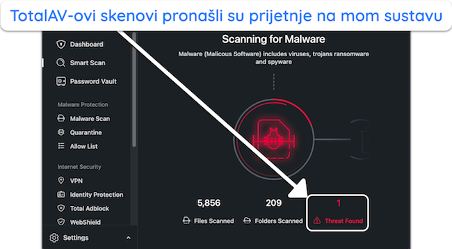 Snimka zaslona TotalAV-ovog skeniranja virusa u tijeku