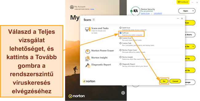 A Norton Full Scan elindítását bemutató képernyőkép