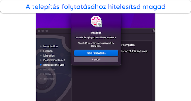 K&eacute;pernyők&eacute;p, amely bemutatja, hogyan hiteles&iacute;theti mag&aacute;t az Intego telep&iacute;t&eacute;s&eacute;hez macOS rendszeren