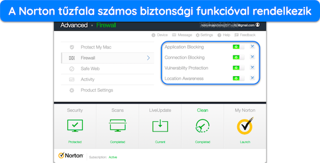 A Norton tűzfal&aacute;nak biztons&aacute;gi funkci&oacute;it bemutat&oacute; k&eacute;pernyők&eacute;p
