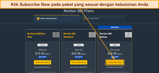 Tangkapan layar paket harga Norton