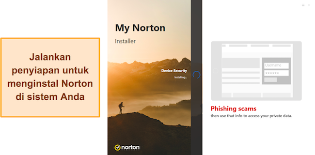 Cuplikan layar menunjukkan penginstalan Norton sedang berlangsung di Windows