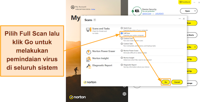 Cuplikan layar menunjukkan cara memulai Pemindaian Penuh Norton