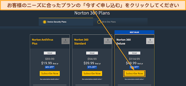 ノートンの料金プランのスクリーンショット