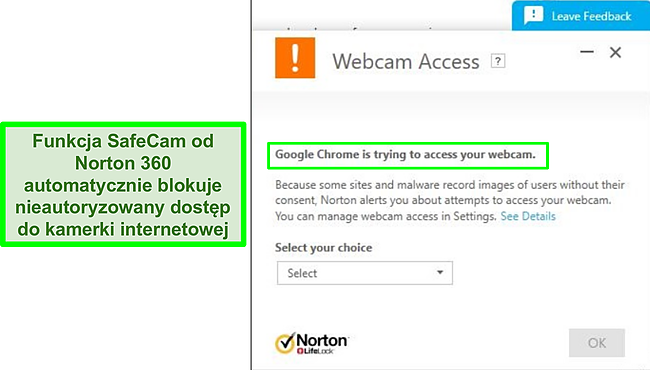 Zrzut ekranu przedstawiający program Norton blokujący pr&oacute;bę uzyskania dostępu do kamery internetowej przez przeglądarkę Google Chrome.