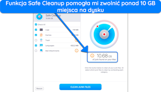 Zrzut ekranu wynik&oacute;w skanowania Safe Cleanup programu MacKeeper